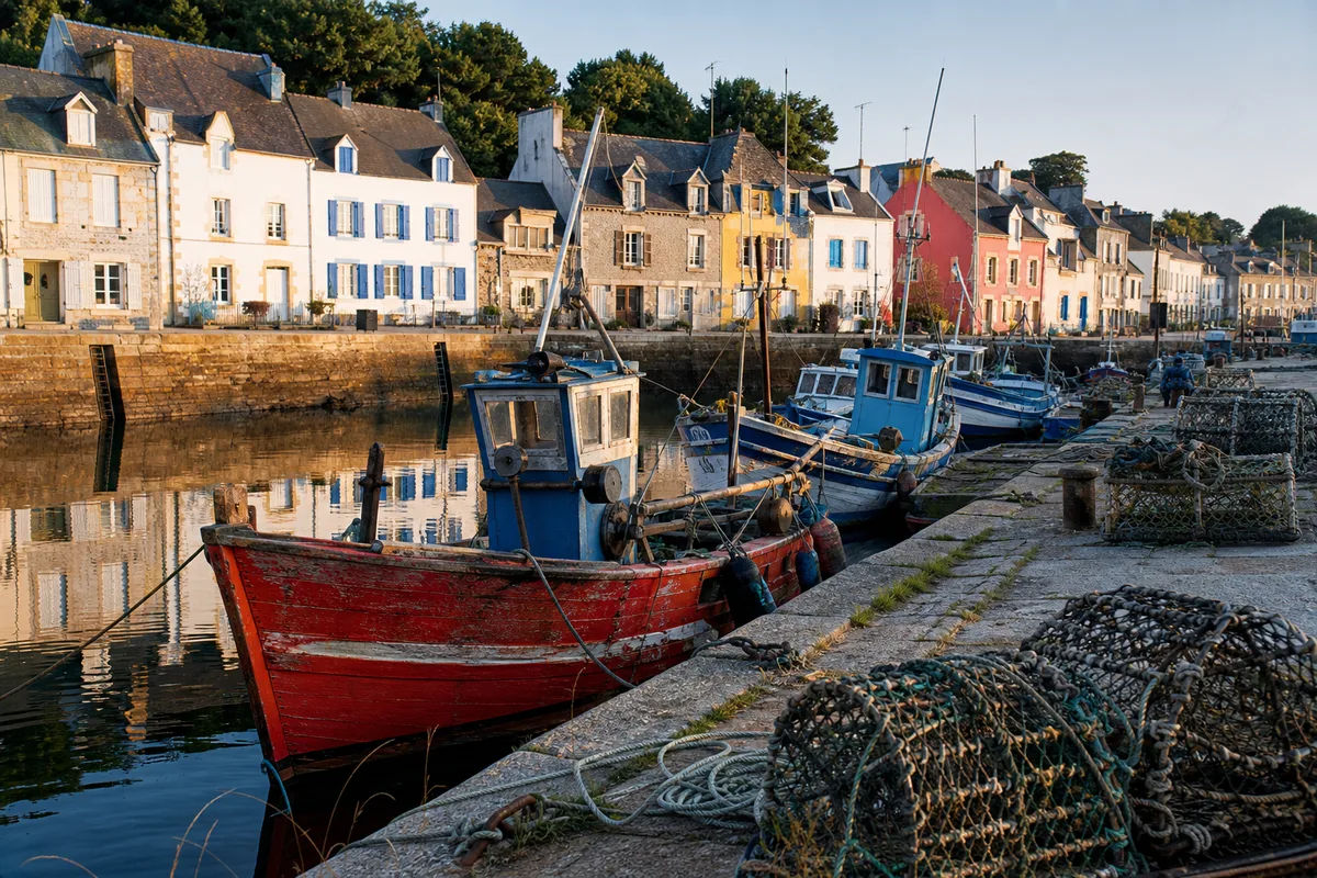 Bateaux de pêche colorés amarrés dans le port du Rosmeur à Douarnenez