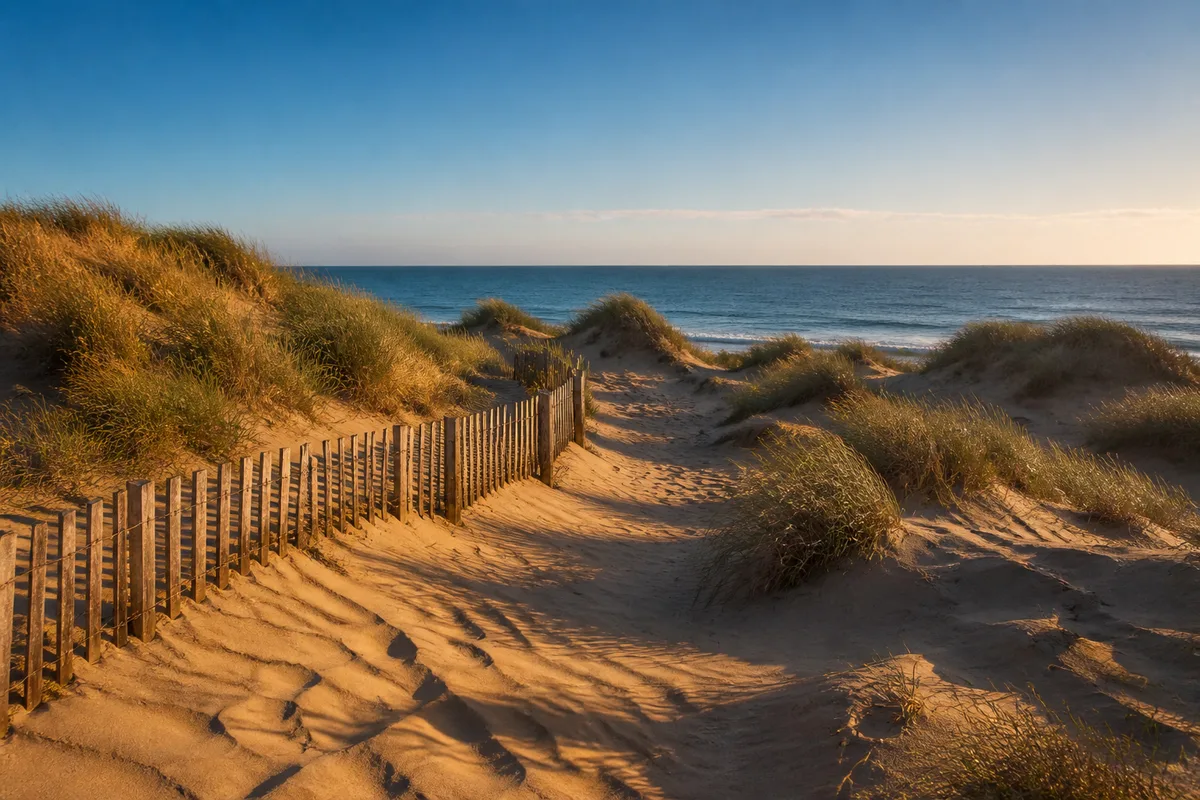 Cordon dunaire couvert d’oyats bordant une plage bretonne au soleil rasant du matin