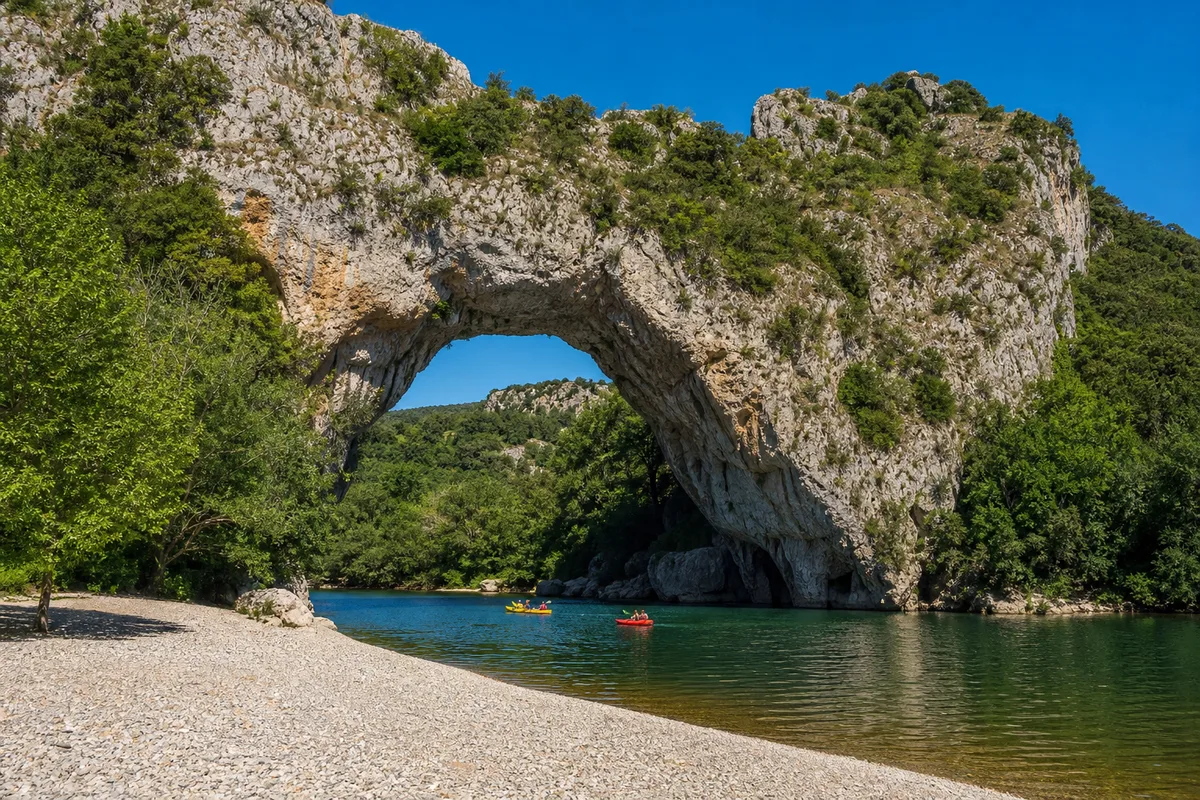 Canoës colorés descendant la rivière Ardèche sous l&rsquo;arche naturelle du Pont d&rsquo;Arc