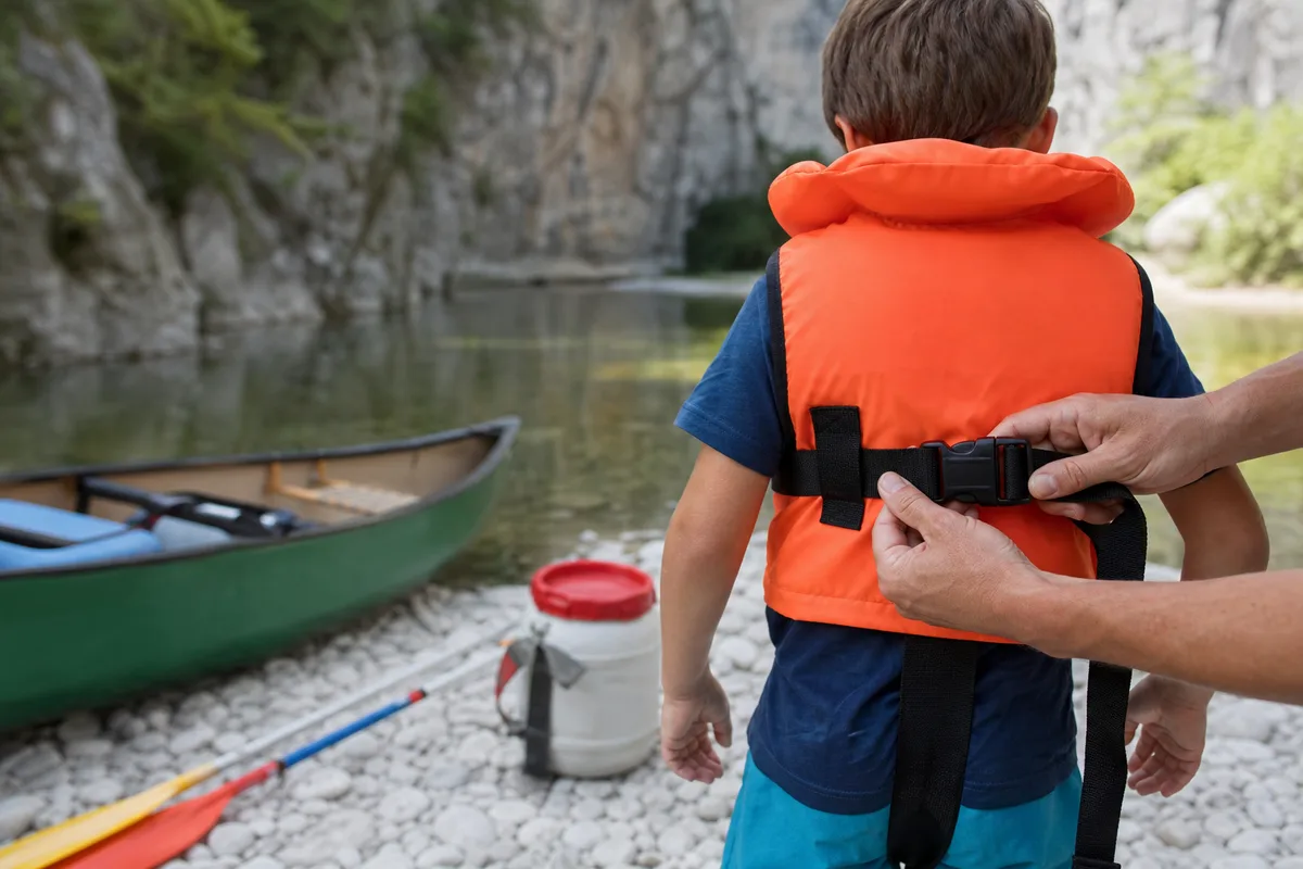 Famille équipée de gilets de sauvetage préparant un canoë sur une plage de galets au bord de l&rsquo;Ardèche