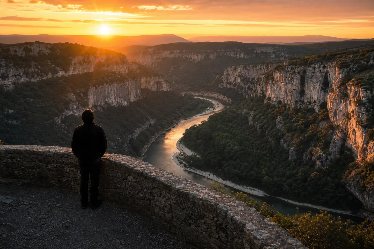 Belvédère aménagé dominant un méandre des gorges de l&rsquo;Ardèche au coucher du soleil
