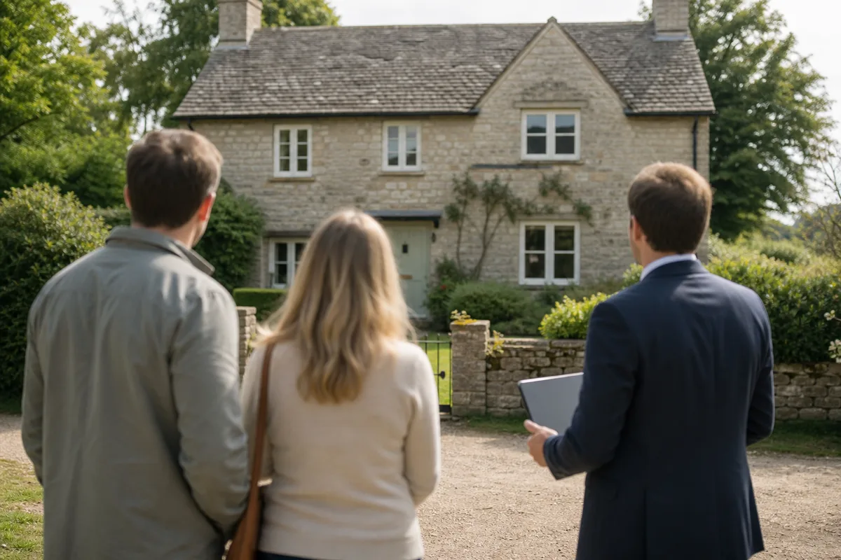Agent immobilier présentant un bien à des visiteurs devant une maison ancienne