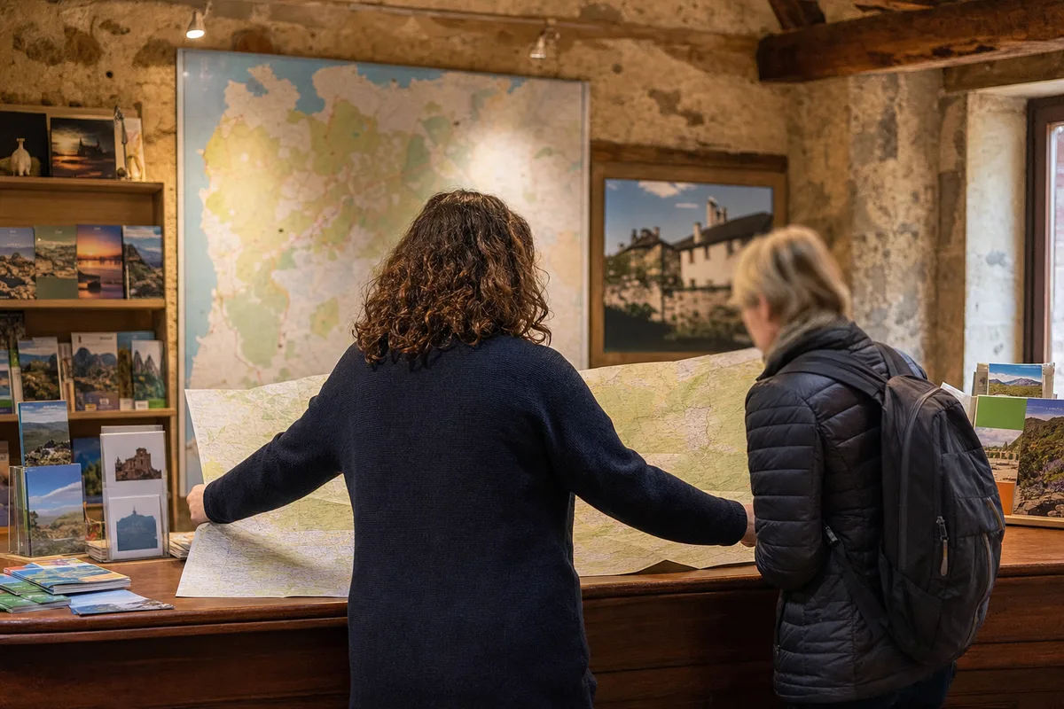 Conseiller en séjour accueillant des visiteurs dans un office de tourisme patrimonial