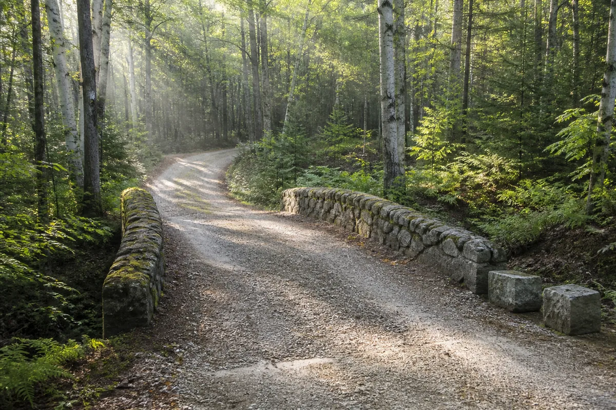 Chemin empierré bordé de bouleaux traversant un pont de pierre en forêt