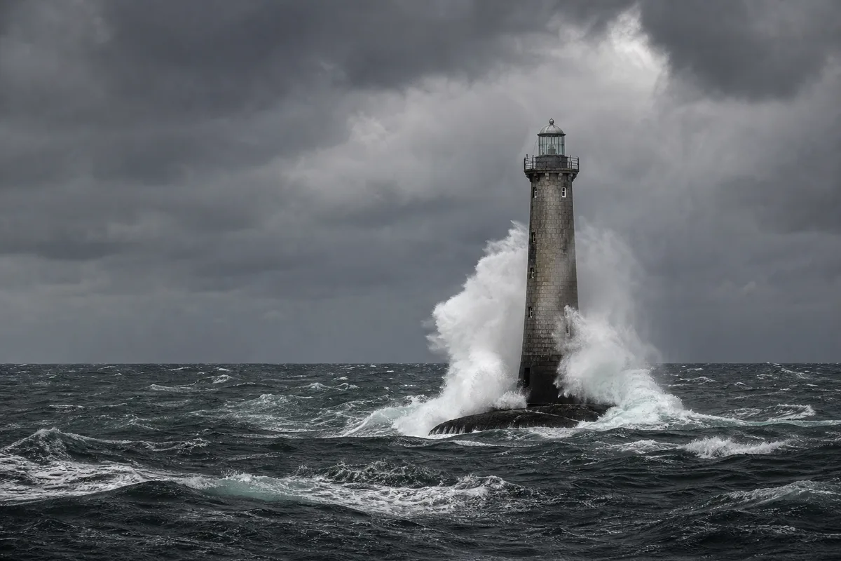 Le phare d’Ar-Men isolé, battu par les vagues au large de la chaussée de Sein