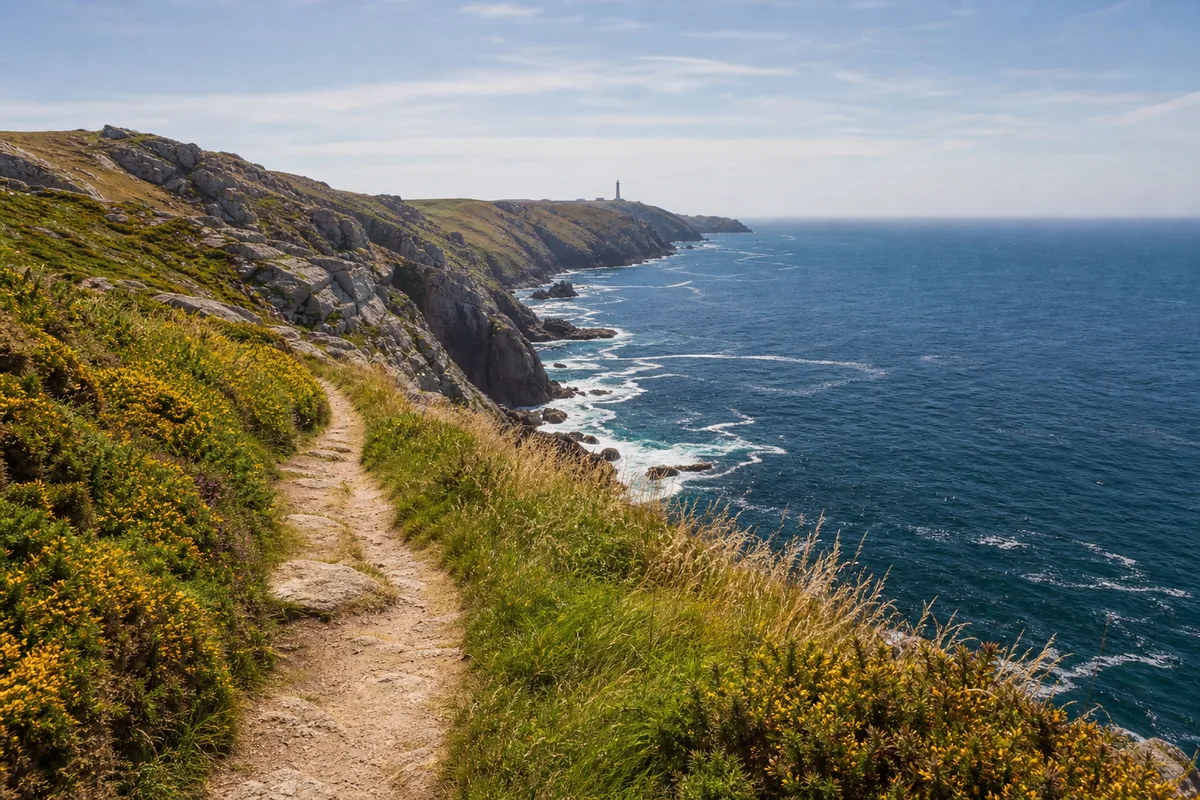Sentier côtier du GR34 en Bretagne, falaises et vue sur un phare au loin