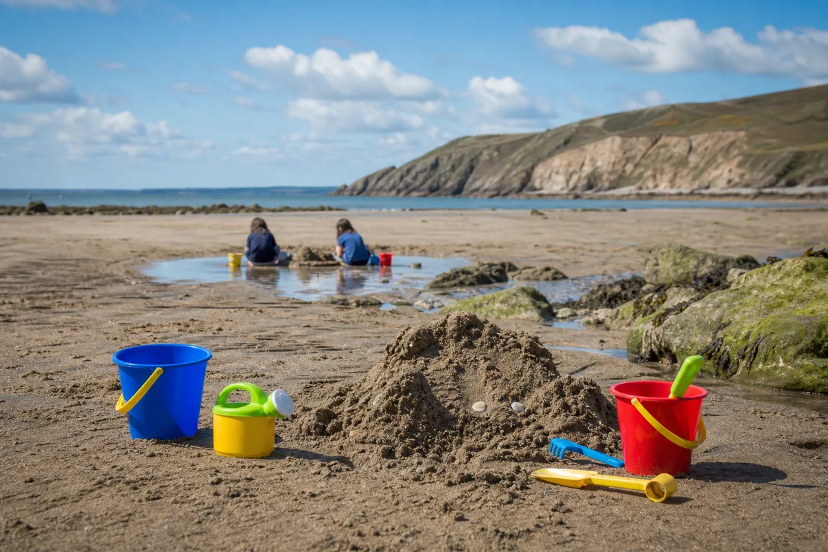 Enfants jouant sur une grande plage de sable à marée basse