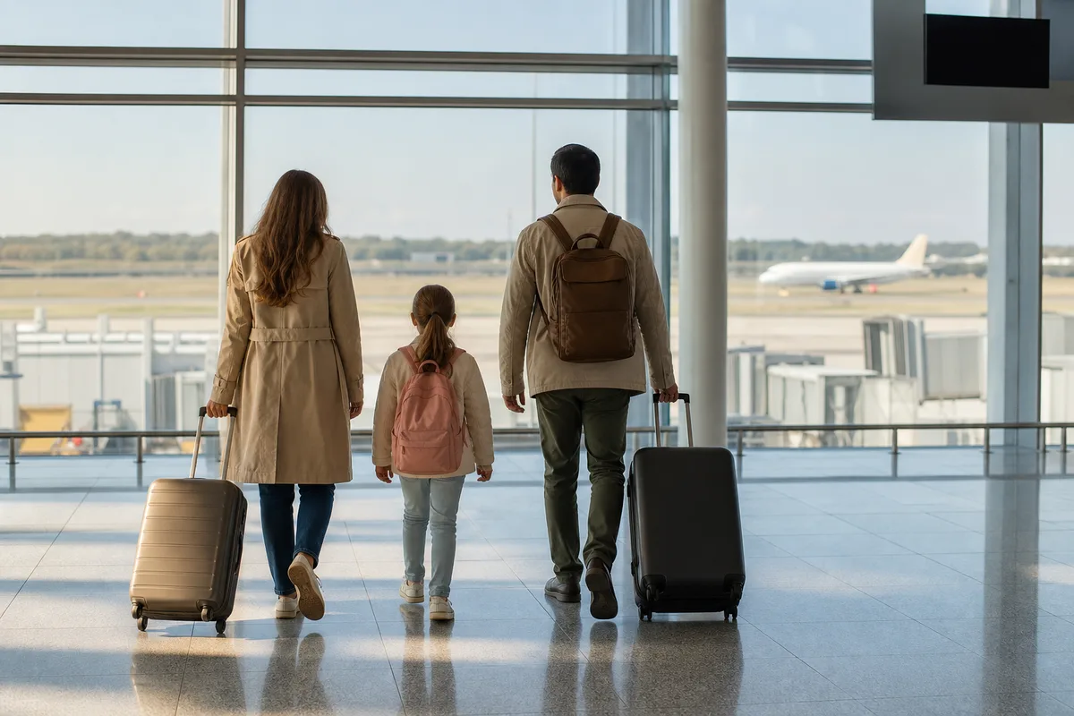 Famille de dos marchant avec des valises dans un terminal d’aéroport