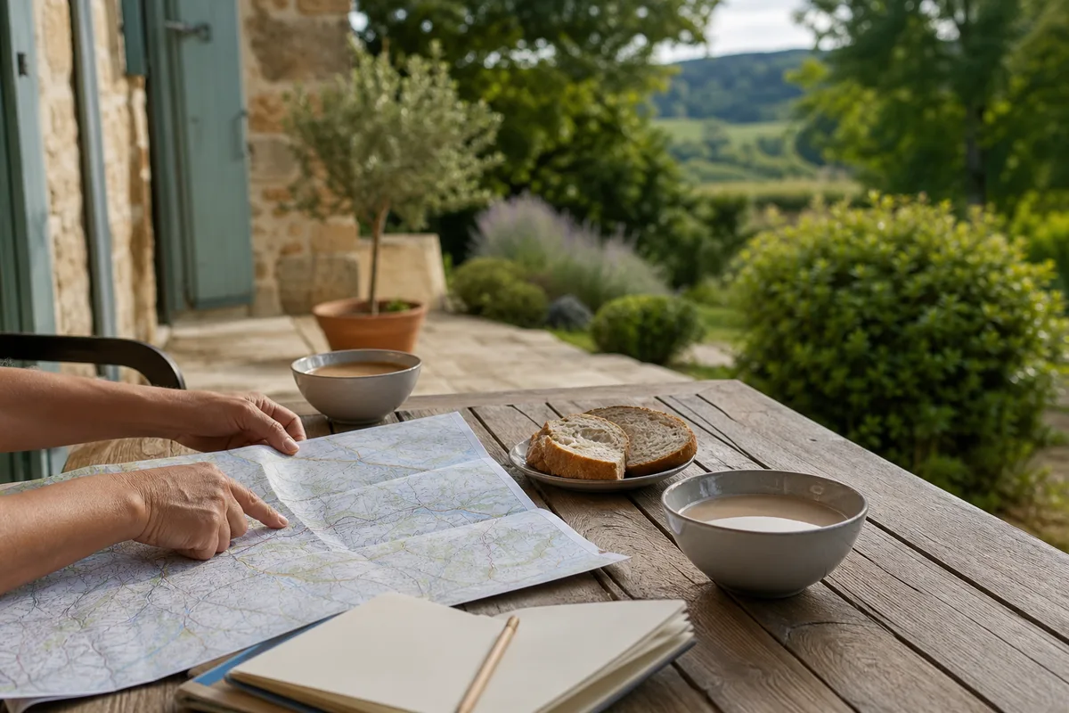 Table de petit-déjeuner en terrasse de gîte avec carte routière et carnet