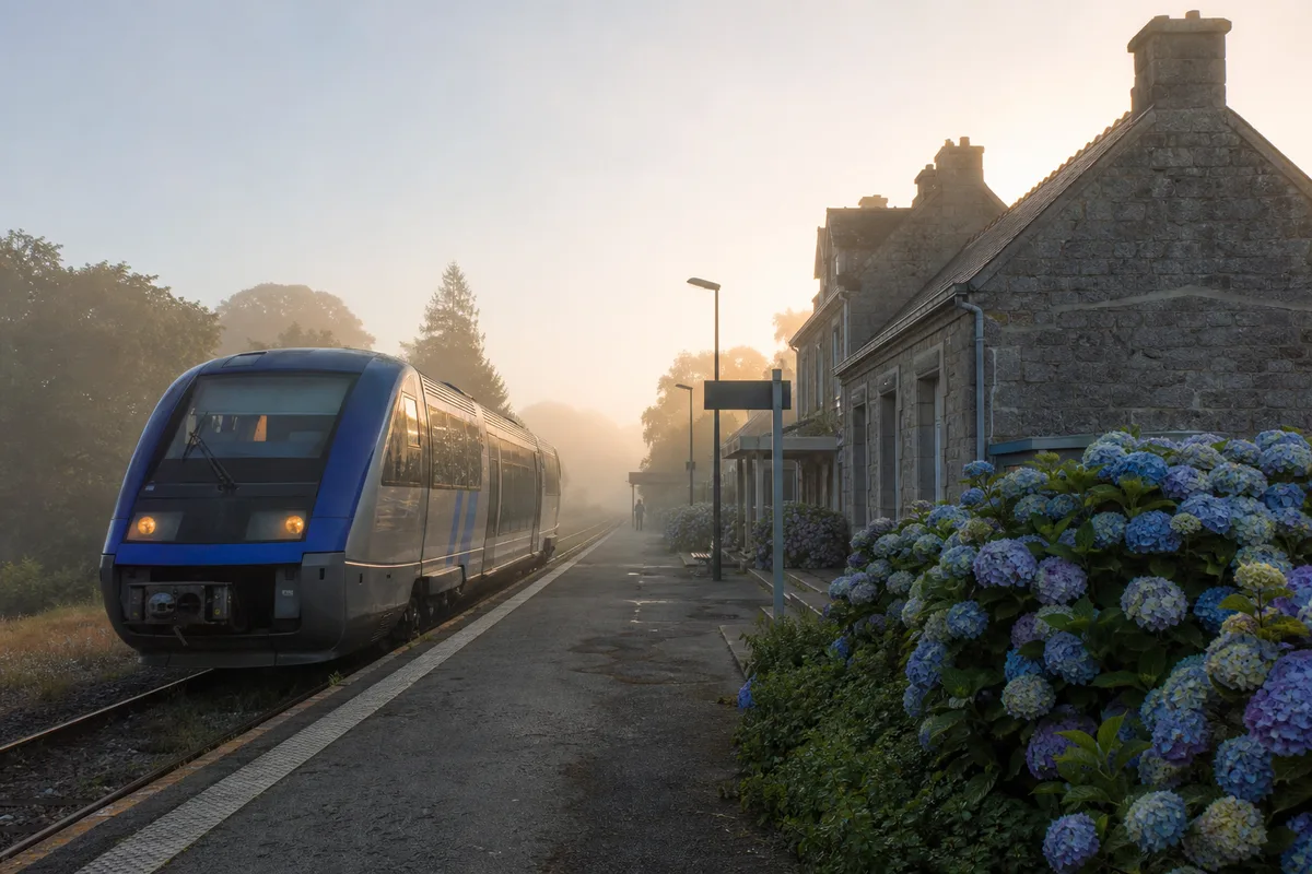 Train régional en gare bretonne au petit matin, quais bordés d’hortensias