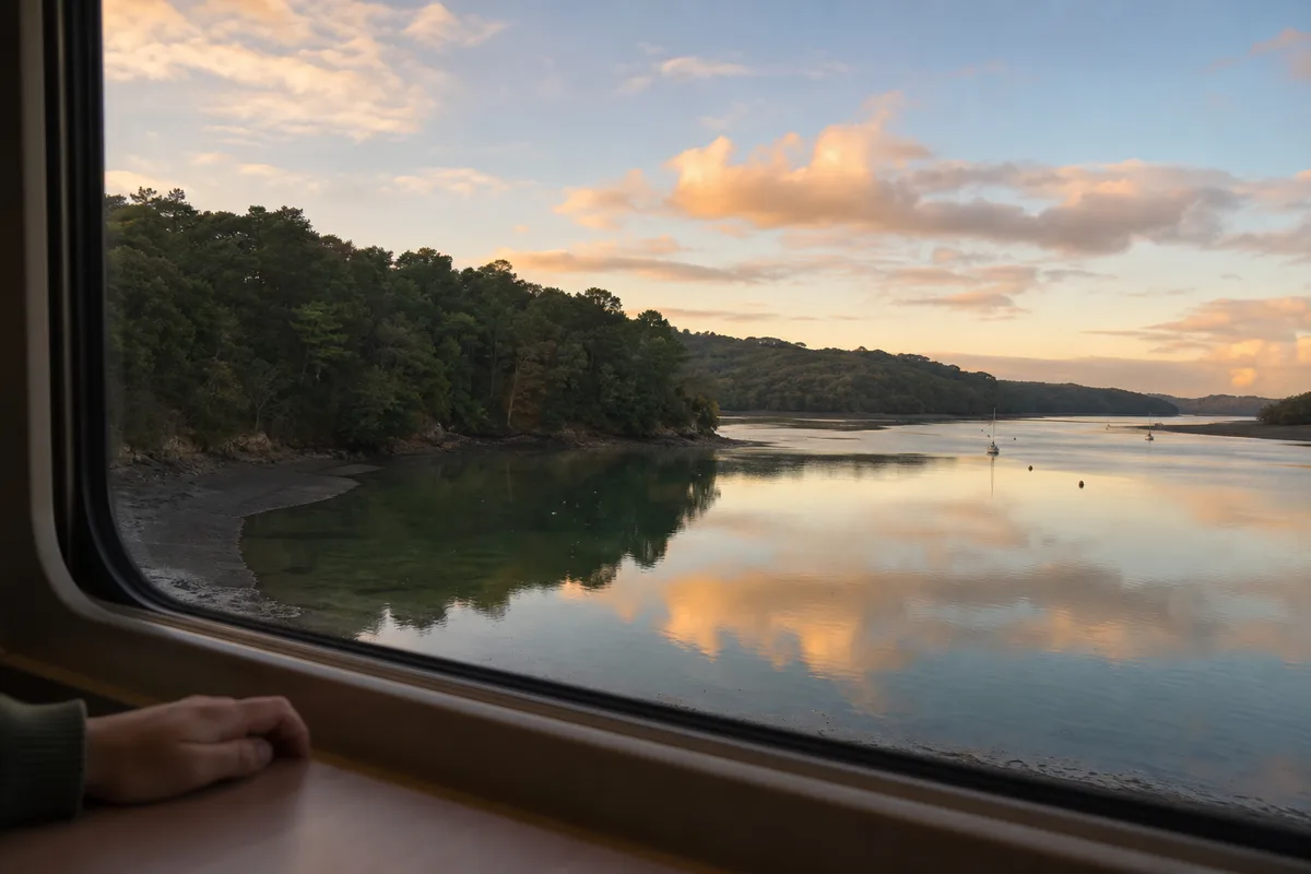 Vue depuis la fenêtre d’un train sur l’estuaire de l’Aulne, eau calme et collines boisées