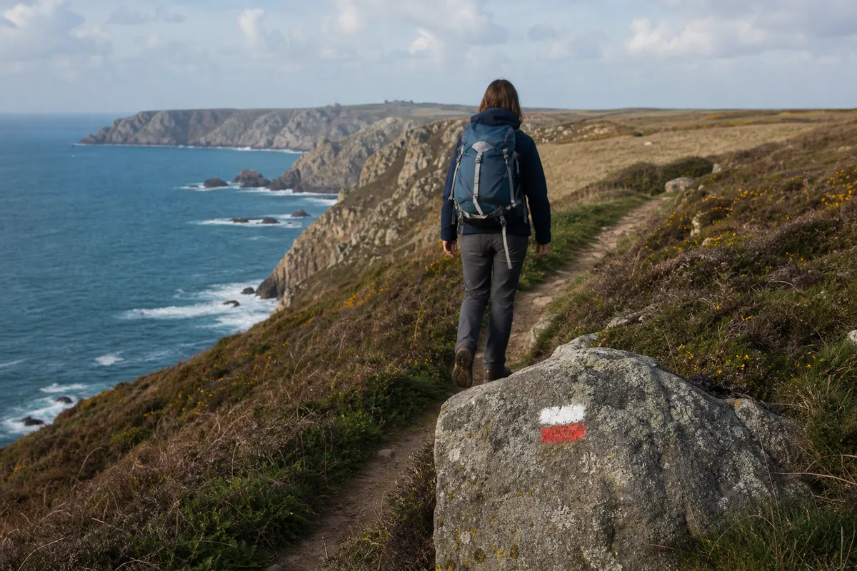 Randonneur de dos sur un sentier côtier dominant des falaises et une lande rase, balisage rouge et blanc sur un rocher